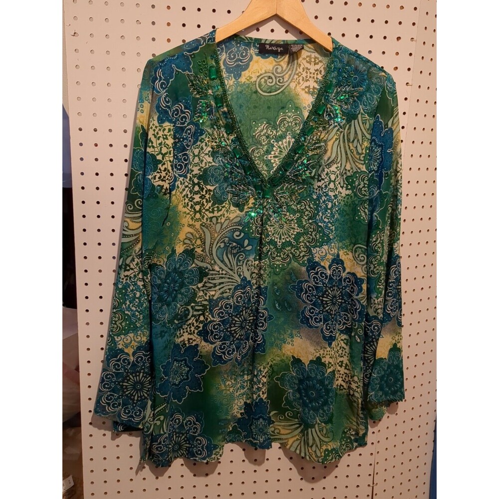 Raviya See Through Jeweled Collar Printed Top XL Green Long Sleeve Mandala